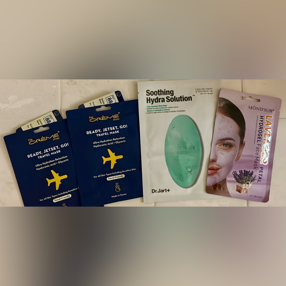 4 Mask bundle: Dr. Jart+, The Creme Shop-Ready, Jetset,Go! Travel Mask, Mond’sub